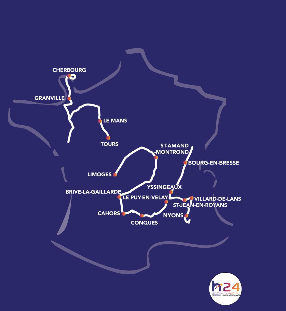 Carte de France des territoires engagés dans la démarche h24 : Cherbourg, Granville, Le Mans, Tours, Limoges, Brive-la-Gaillarde, Cahors, Conques, Saint-Amand-Montrond, Yssingeaux, Le Puy-en-Velay, Bourg-en-Bresse, Nyons, Saint-Jean-en-Royans et Villard-de-Lans
